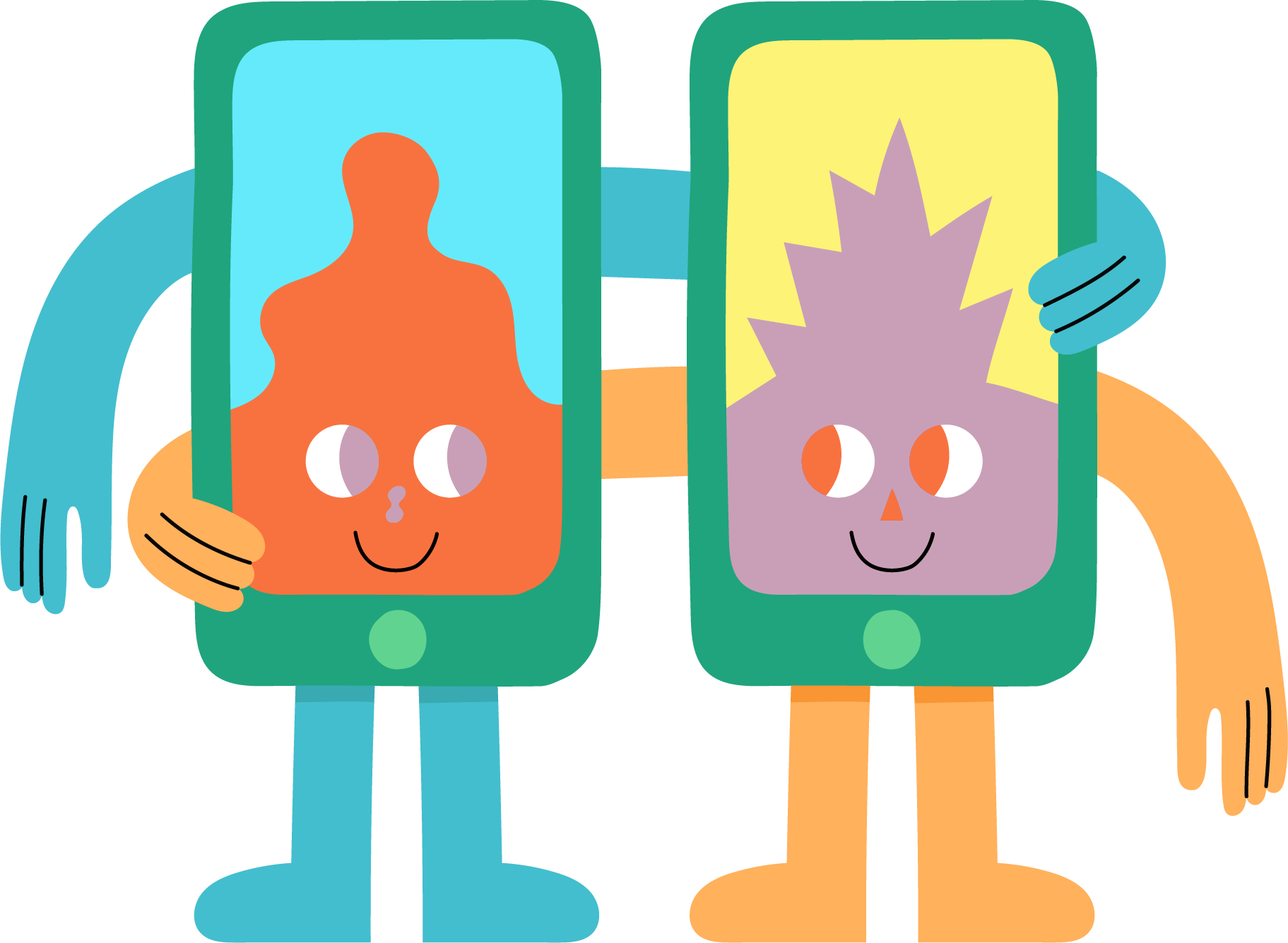 Illustrasjon av to mobiltelefoner som er kompiser